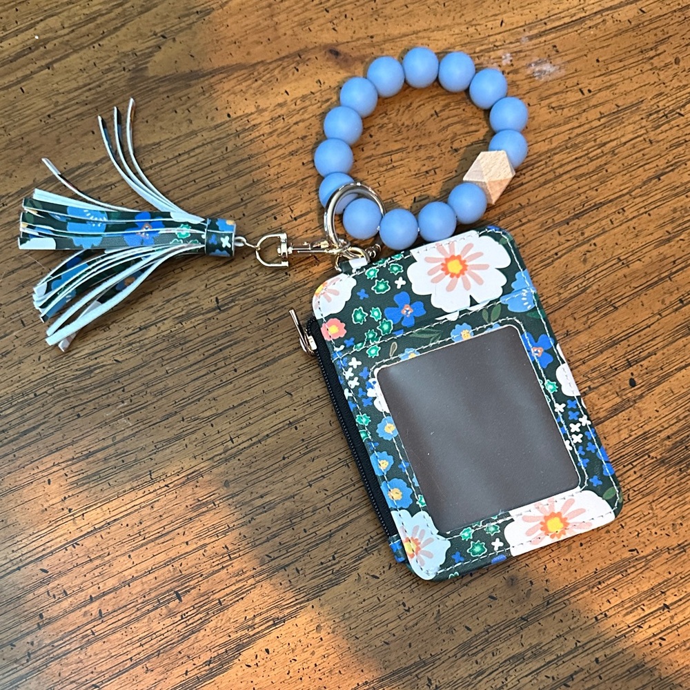 Floral Card Holder with Blue Beaded Keychain